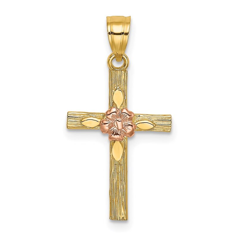 14k Yellow Gold Two-Tone Textured Cross W Flower Charm 216$